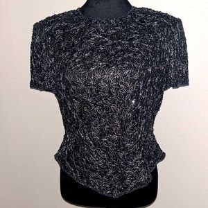 Papell Boutique Evening Black 100% Silk Lined Beaded Blouse Size Medium